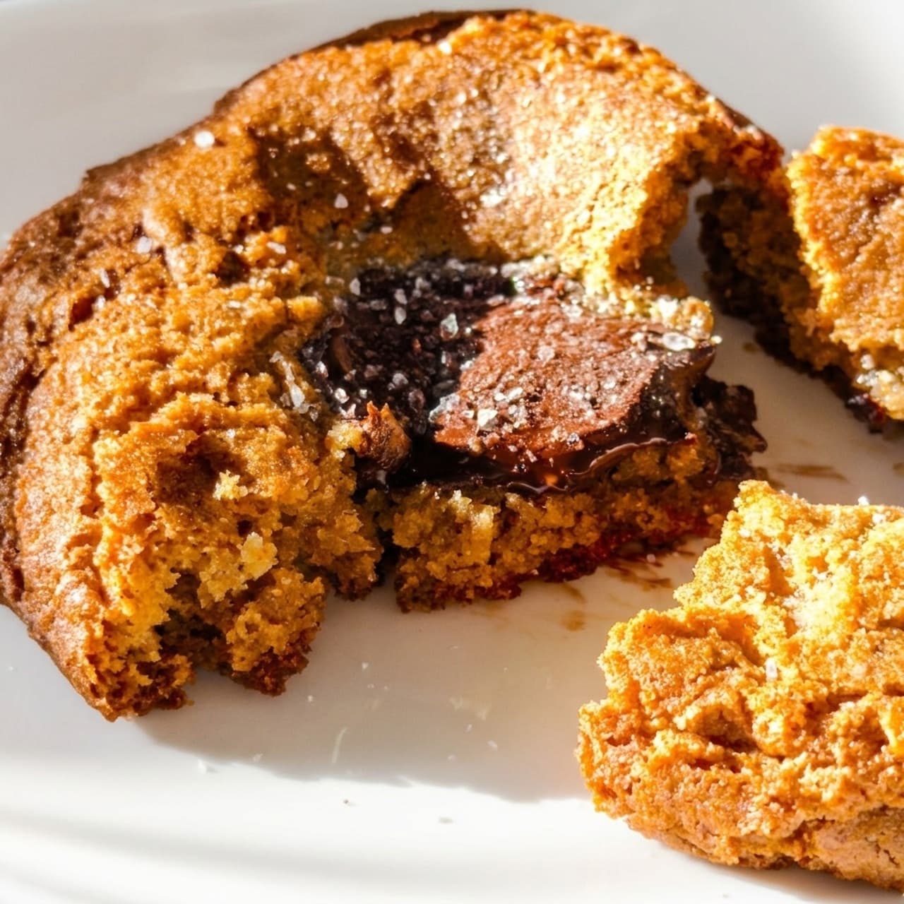 The cookie broken open, showing the soft middle and melted dark chocolate